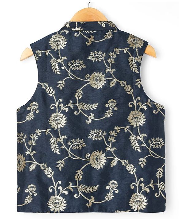 Pine Kids Woven Full Sleeves Kurta Pyjama Set With Foil Floral Printed Nehru Jacket - Navy Blue