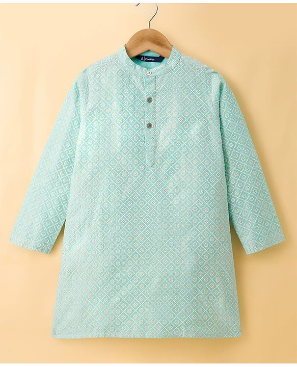 Pine Kids Woven Full Sleeves Floral Printed Kurta & Pyjama Set - Light Blue
