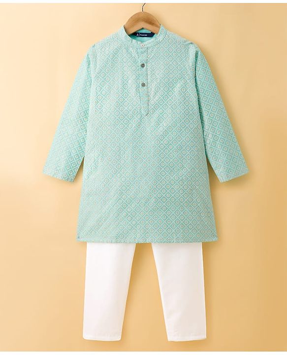 Pine Kids Woven Full Sleeves Floral Printed Kurta & Pyjama Set - Light Blue
