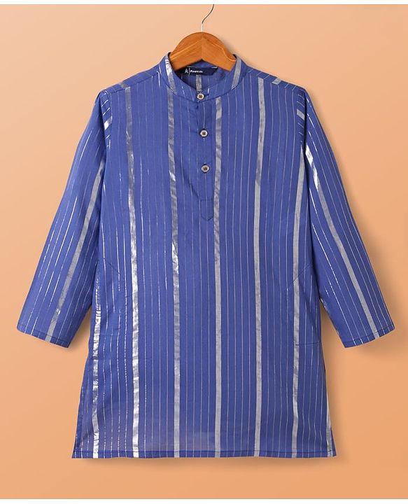 Pine Kids 100% Cotton Woven Full Sleeves Striped Kurta & Pyjama Set - Blue