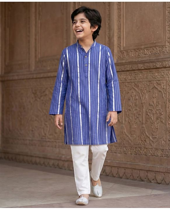 Pine Kids 100% Cotton Woven Full Sleeves Striped Kurta & Pyjama Set - Blue