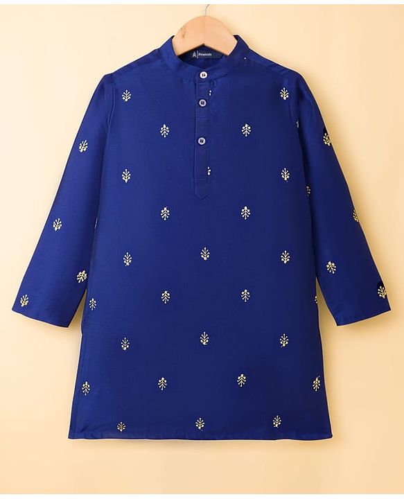 Pine Kids Woven Full Sleeves Kurta Pajama Set With Floral Foil Embriodery - Royal Blue