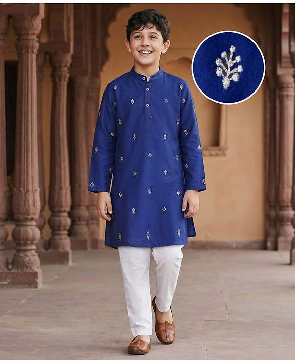 Pine Kids Woven Full Sleeves Kurta Pajama Set With Floral Foil Embriodery - Royal Blue