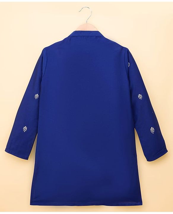 Pine Kids Woven Full Sleeves Kurta Pajama Set With Floral Foil Embriodery - Royal Blue