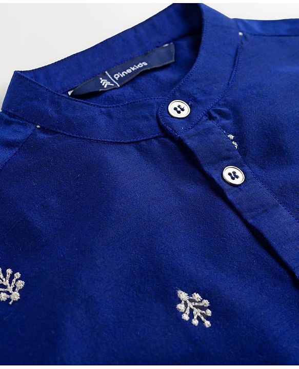 Pine Kids Woven Full Sleeves Kurta Pajama Set With Floral Foil Embriodery - Royal Blue