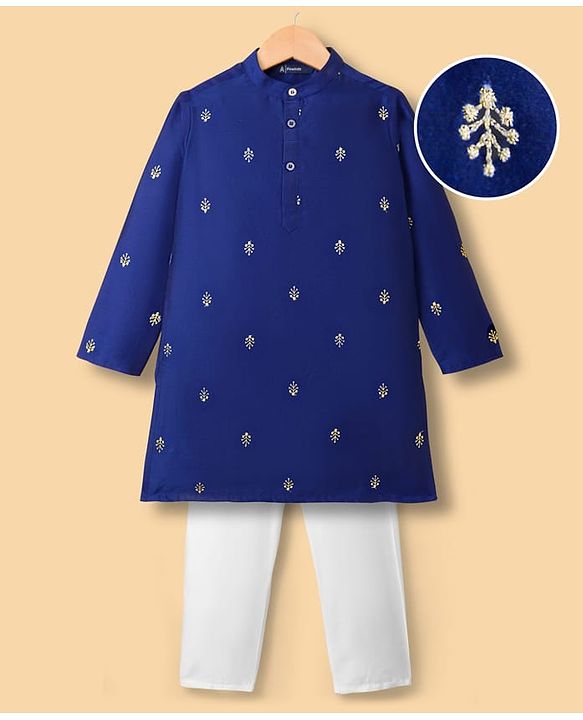 Pine Kids Woven Full Sleeves Kurta Pajama Set With Floral Foil Embriodery - Royal Blue