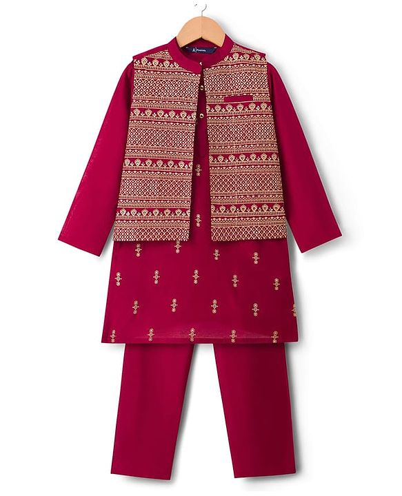 Pine Kids Woven Full Sleeves Printed Kurta Pyjama Set With Sequin Embroidered Nehru Jacket - Maroon