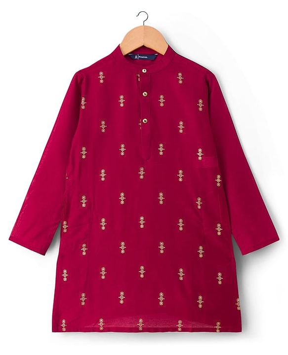 Pine Kids Woven Full Sleeves Printed Kurta Pyjama Set With Sequin Embroidered Nehru Jacket - Maroon