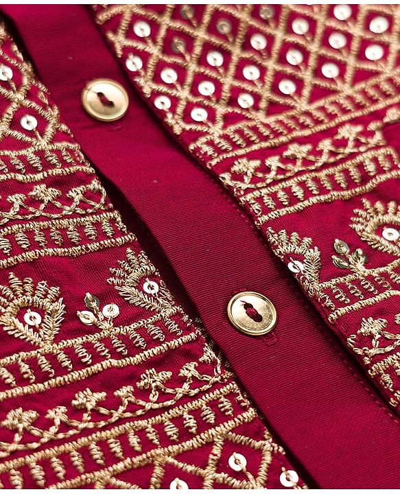 Pine Kids Woven Full Sleeves Printed Kurta Pyjama Set With Sequin Embroidered Nehru Jacket - Maroon