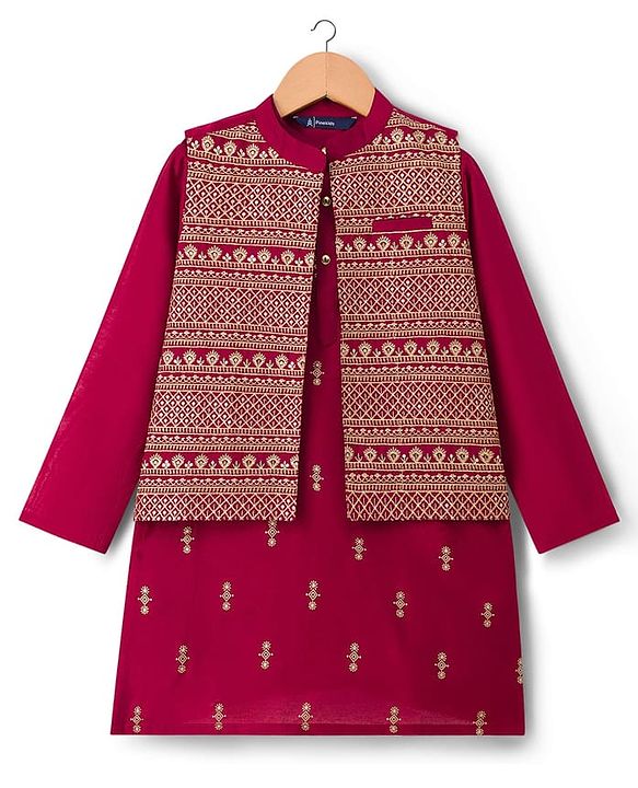 Pine Kids Woven Full Sleeves Printed Kurta Pyjama Set With Sequin Embroidered Nehru Jacket - Maroon