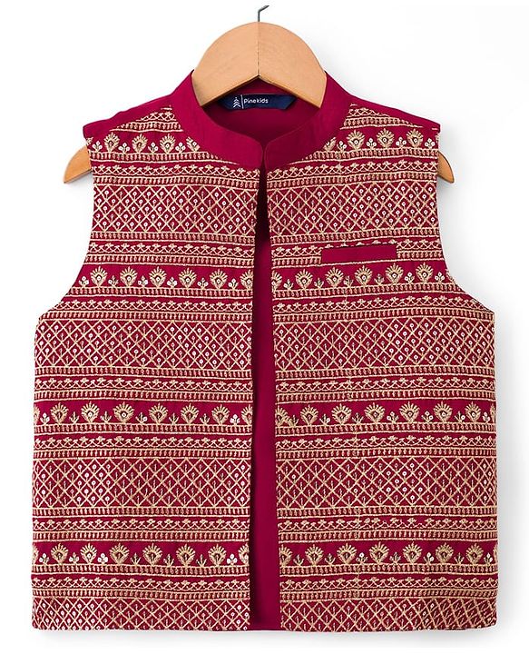 Pine Kids Woven Full Sleeves Printed Kurta Pyjama Set With Sequin Embroidered Nehru Jacket - Maroon