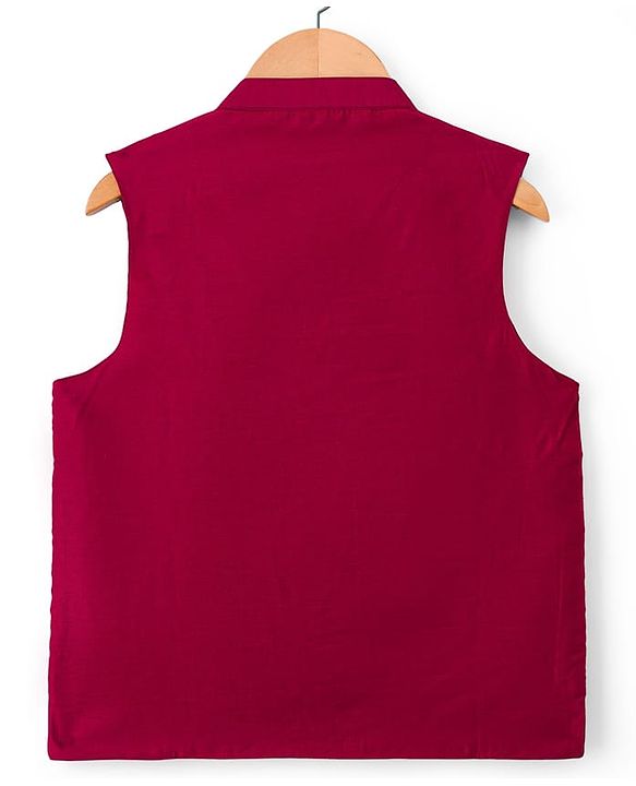 Pine Kids Woven Full Sleeves Printed Kurta Pyjama Set With Sequin Embroidered Nehru Jacket - Maroon