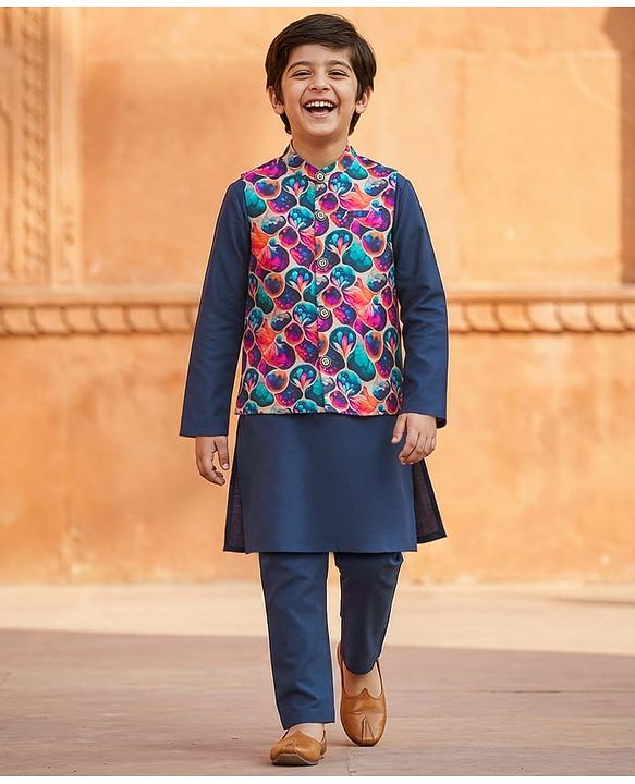 Pine Kids Woven Full Sleeves Kurta Pajama Set with Jacket & Floral Print - Navy Blue