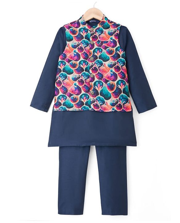 Pine Kids Woven Full Sleeves Kurta Pajama Set with Jacket & Floral Print - Navy Blue