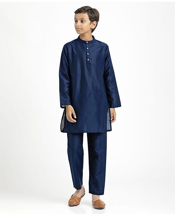 Pine Kids Woven Full Sleeves Kurta Pajama Set with Jacket Embroidery & Sequin Detailing - Navy Blue