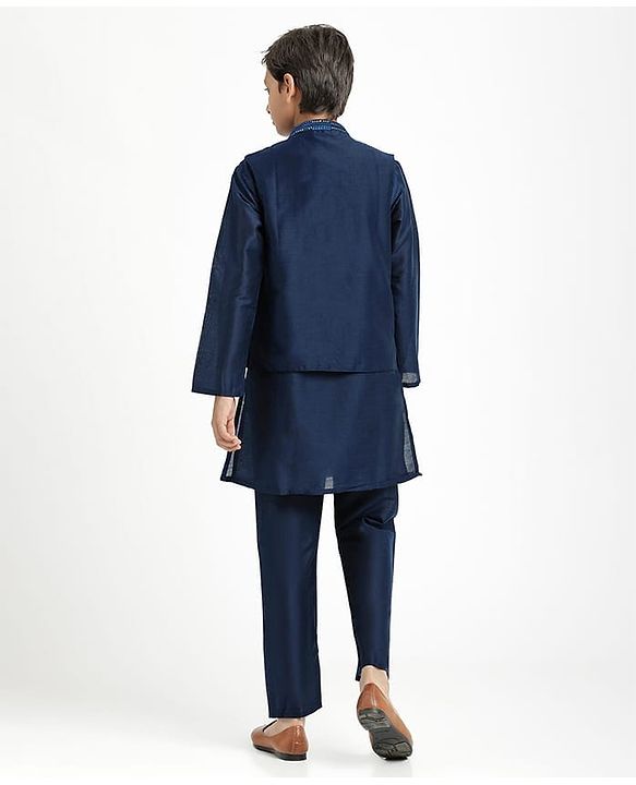 Pine Kids Woven Full Sleeves Kurta Pajama Set with Jacket Embroidery & Sequin Detailing - Navy Blue