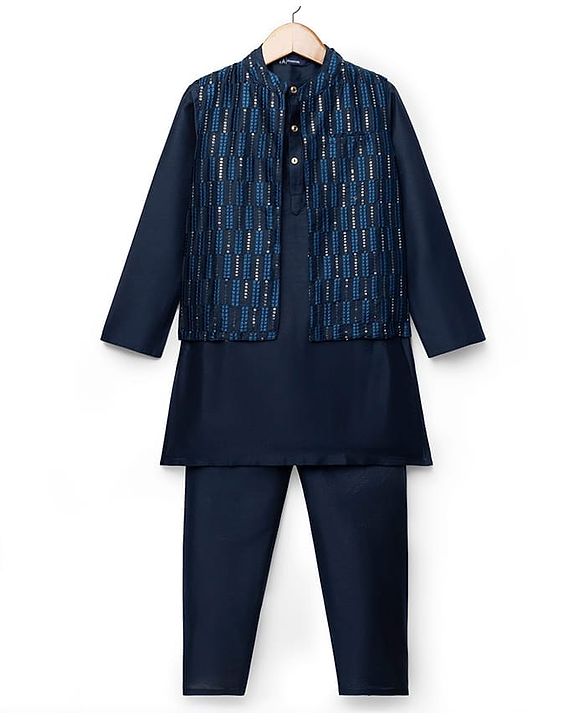 Pine Kids Woven Full Sleeves Kurta Pajama Set with Jacket Embroidery & Sequin Detailing - Navy Blue