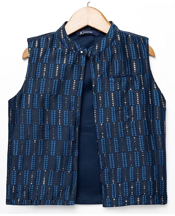 Pine Kids Woven Full Sleeves Kurta Pajama Set with Jacket Embroidery & Sequin Detailing - Navy Blue