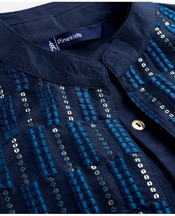 Pine Kids Woven Full Sleeves Kurta Pajama Set with Jacket Embroidery & Sequin Detailing - Navy Blue