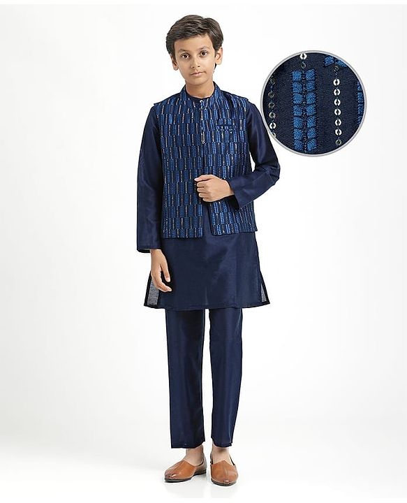 Pine Kids Woven Full Sleeves Kurta Pajama Set with Jacket Embroidery & Sequin Detailing - Navy Blue