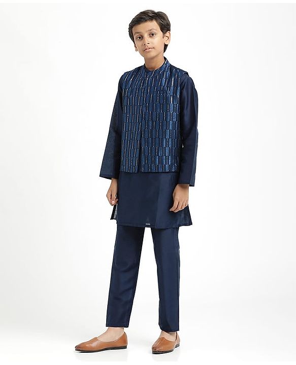 Pine Kids Woven Full Sleeves Kurta Pajama Set with Jacket Embroidery & Sequin Detailing - Navy Blue