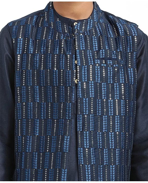 Pine Kids Woven Full Sleeves Kurta Pajama Set with Jacket Embroidery & Sequin Detailing - Navy Blue
