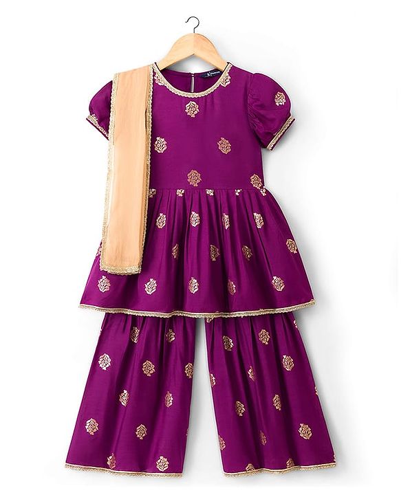 Pine Kids Woven Half Sleeves Floral Printed Kurti & Sharara Set With Dupatta - Violet