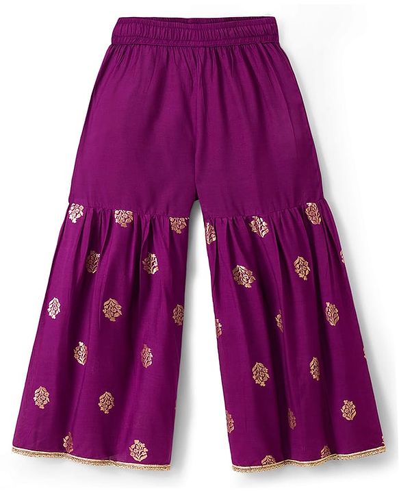 Pine Kids Woven Half Sleeves Floral Printed Kurti & Sharara Set With Dupatta - Violet