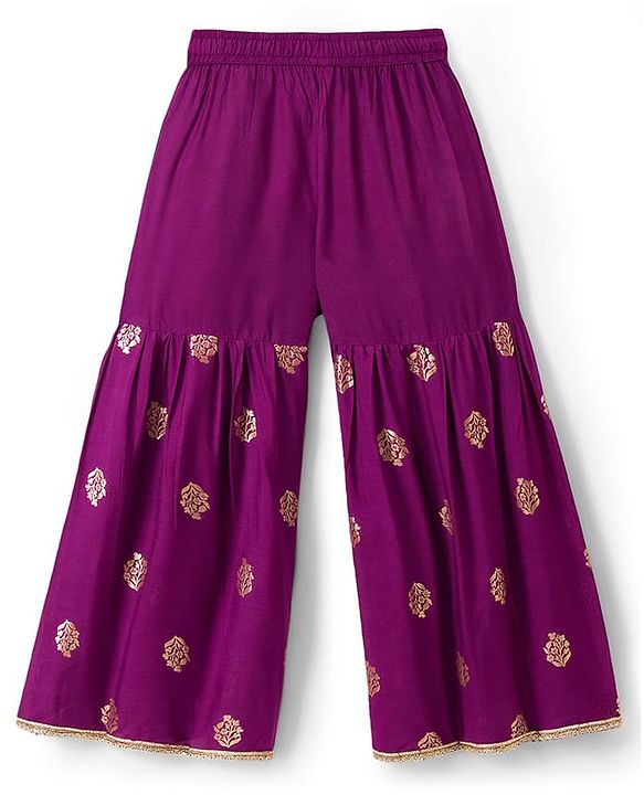 Pine Kids Woven Half Sleeves Floral Printed Kurti & Sharara Set With Dupatta - Violet