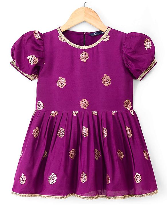 Pine Kids Woven Half Sleeves Floral Printed Kurti & Sharara Set With Dupatta - Violet