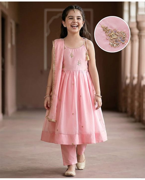 Pine Kids Woven Sleeveless Kurti Chudidar Set with Dupatta & Embroidery - Pink