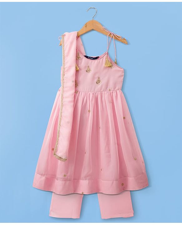 Pine Kids Woven Sleeveless Kurti Chudidar Set with Dupatta & Embroidery - Pink