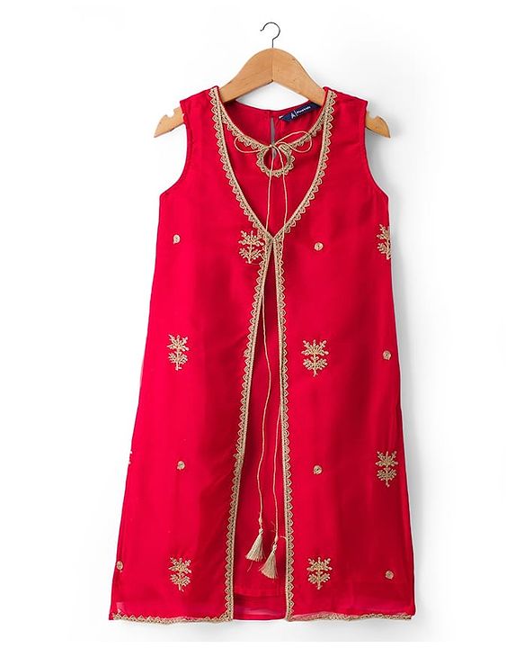 Pine Kids Woven Sleeveless Kurti Palazzo Set With Floral Embroidery & Dupatta - Red