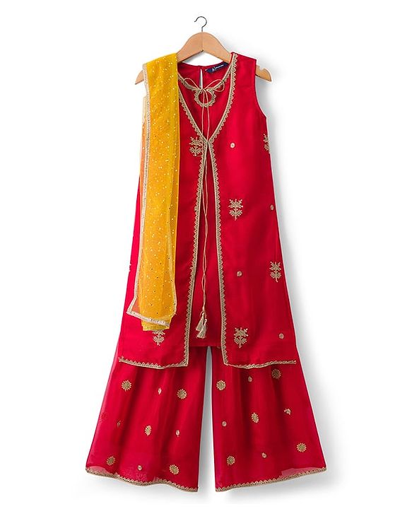 Pine Kids Woven Sleeveless Kurti Palazzo Set With Floral Embroidery & Dupatta - Red