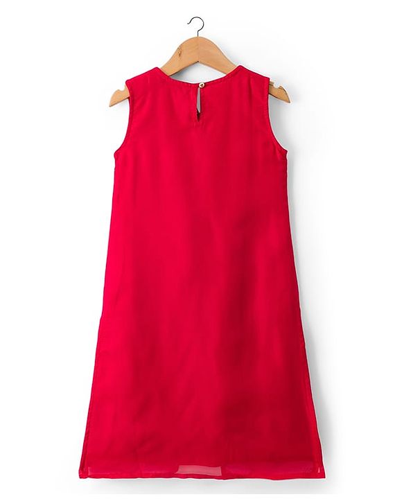 Pine Kids Woven Sleeveless Kurti Palazzo Set With Floral Embroidery & Dupatta - Red