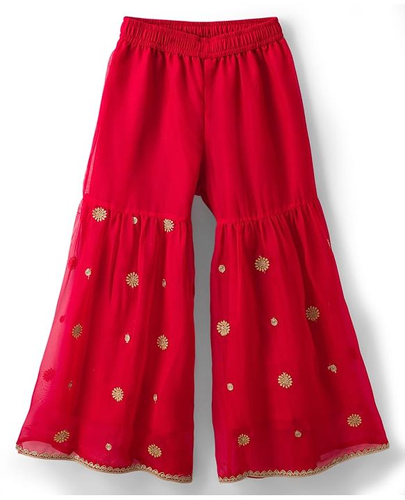 Pine Kids Woven Sleeveless Kurti Palazzo Set With Floral Embroidery & Dupatta - Red