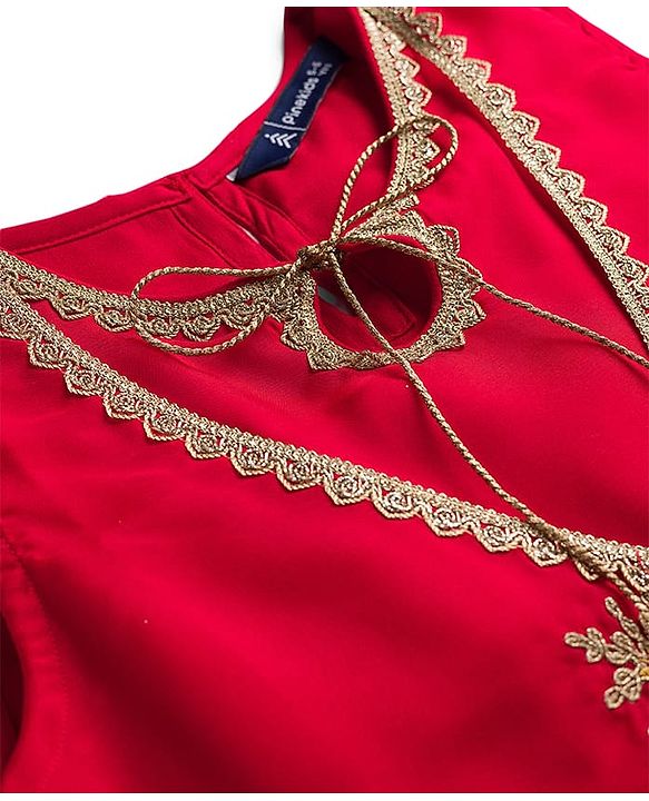 Pine Kids Woven Sleeveless Kurti Palazzo Set With Floral Embroidery & Dupatta - Red