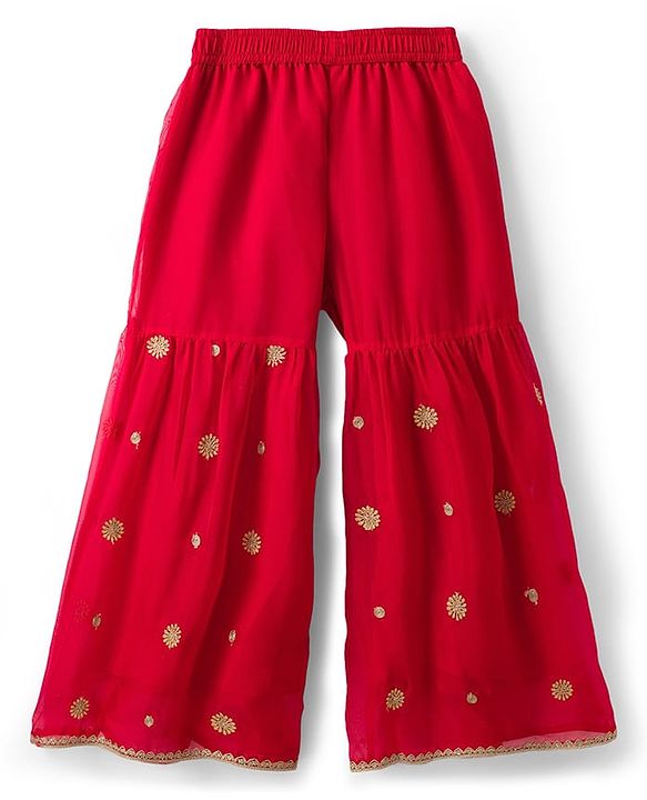 Pine Kids Woven Sleeveless Kurti Palazzo Set With Floral Embroidery & Dupatta - Red