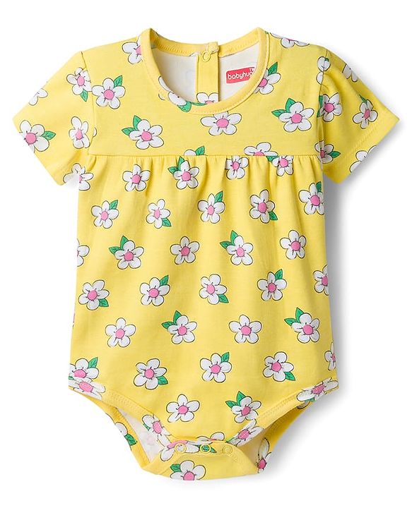 Babyhug 100% Cotton Knit Half Sleeves Onesies with Lemon Floral & Polka Dots Print Pack of 3 - Multicolor