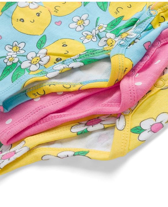 Babyhug 100% Cotton Knit Half Sleeves Onesies with Lemon Floral & Polka Dots Print Pack of 3 - Multicolor
