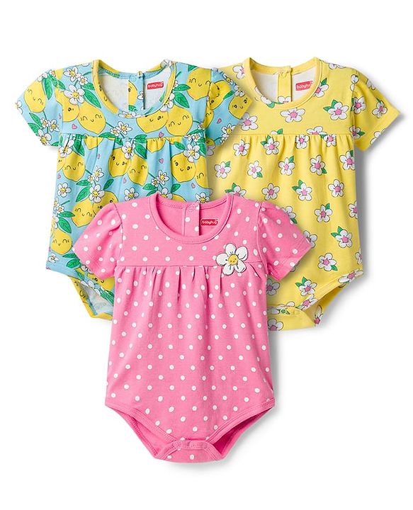 Babyhug 100% Cotton Knit Half Sleeves Onesies with Lemon Floral & Polka Dots Print Pack of 3 - Multicolor