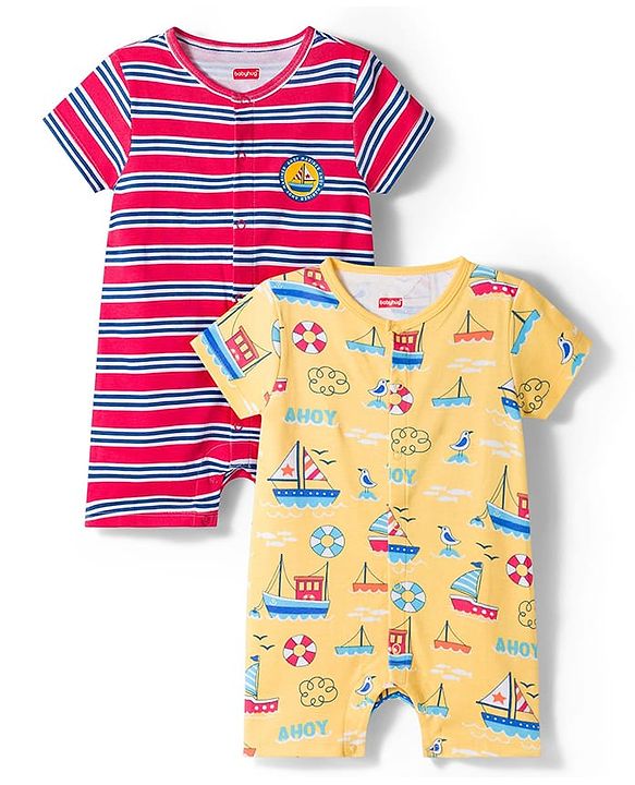 Babyhug 100% Cotton Knit Half Sleeves Front Open Striped Rompers with Nautical Theme Print Pack of 2 - Multicolor