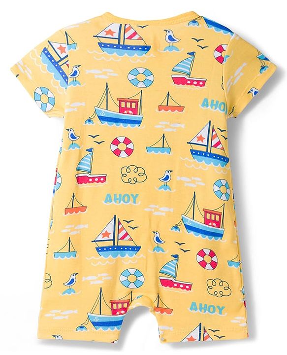 Babyhug 100% Cotton Knit Half Sleeves Front Open Striped Rompers with Nautical Theme Print Pack of 2 - Multicolor