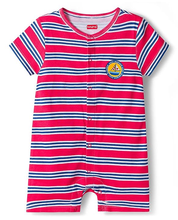 Babyhug 100% Cotton Knit Half Sleeves Front Open Striped Rompers with Nautical Theme Print Pack of 2 - Multicolor