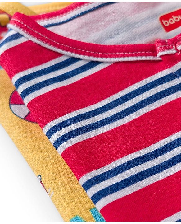 Babyhug 100% Cotton Knit Half Sleeves Front Open Striped Rompers with Nautical Theme Print Pack of 2 - Multicolor