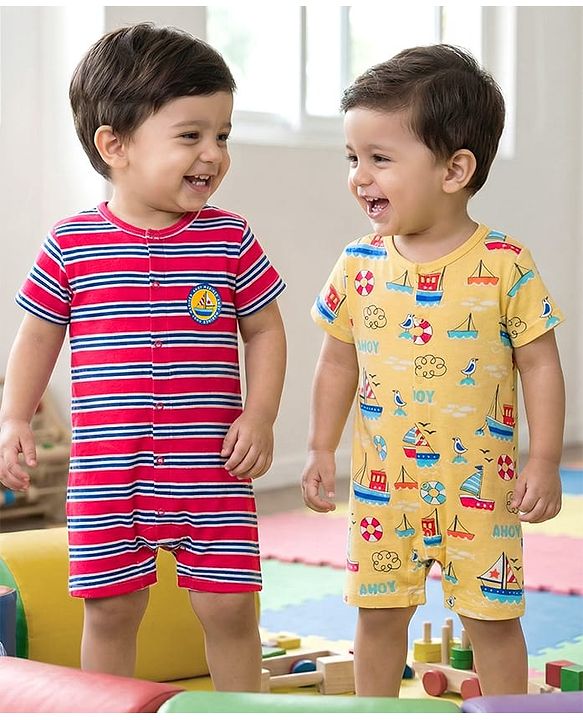 Babyhug 100% Cotton Knit Half Sleeves Front Open Striped Rompers with Nautical Theme Print Pack of 2 - Multicolor