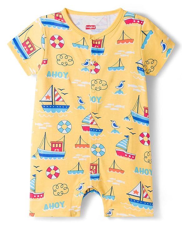 Babyhug 100% Cotton Knit Half Sleeves Front Open Striped Rompers with Nautical Theme Print Pack of 2 - Multicolor