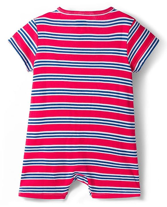 Babyhug 100% Cotton Knit Half Sleeves Front Open Striped Rompers with Nautical Theme Print Pack of 2 - Multicolor