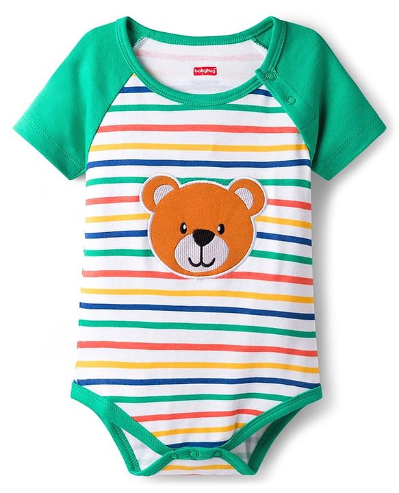 Babyhug 100% Cotton Knit Half Raglan Sleeves Onesie With Teddy Bear Print - Green
