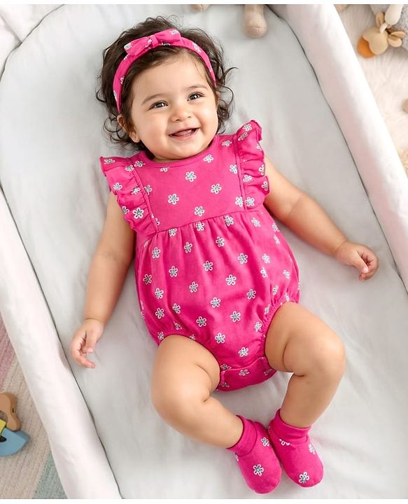 Babyhug 100% Cotton Knit Frill Sleeves Onesie with Hairband & Booties Set with Floral Print - Pink